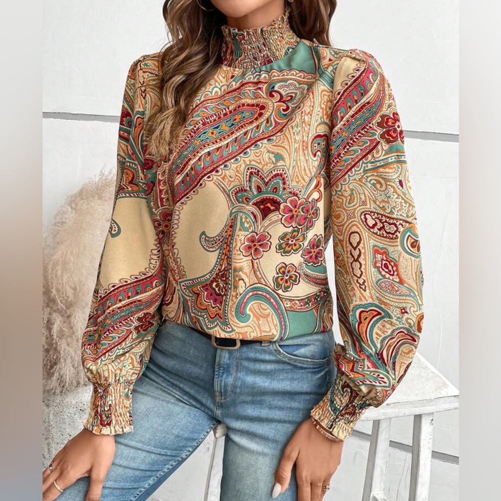 Paisley Print Mock Neck Lantern Sleeve Blouse - Picture 3 of 7